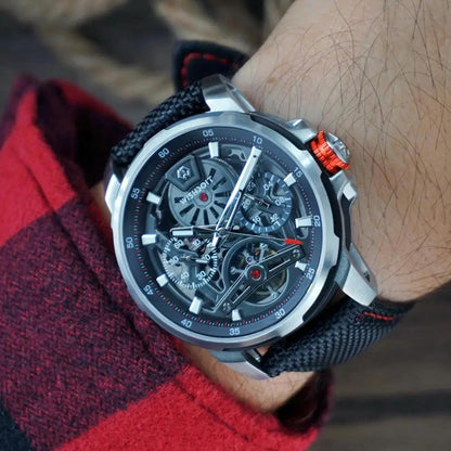 The Aristos Automatic - Silver Watch (Black Khaki Stripe Canvas Strap)