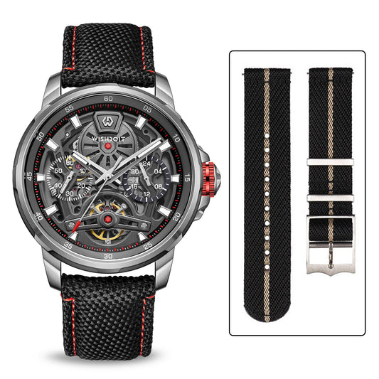 The Aristos Automatic - Silver Watch (Black Khaki Stripe Canvas Strap)